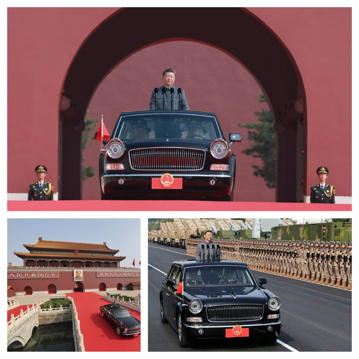 習(xí)主席身著中山裝，乘坐紅旗檢閱車緩緩駛出天安門城樓